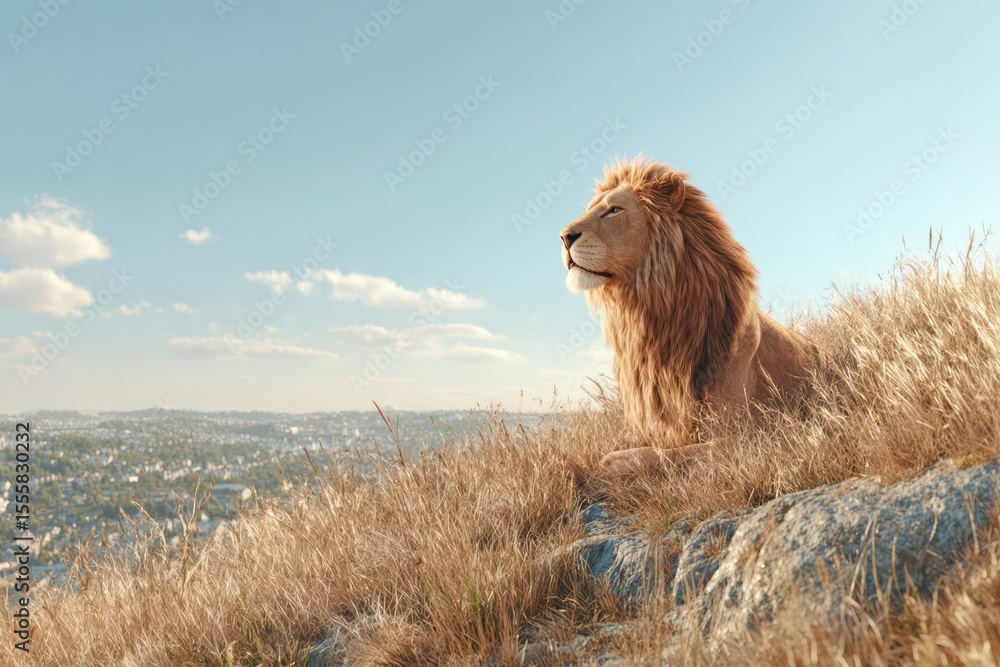 Fototapeta premium Majestic lion with a flowing mane banner