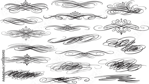 Collection of elegant black calligraphic flourishes and decorative swirls on a white background perfect for design