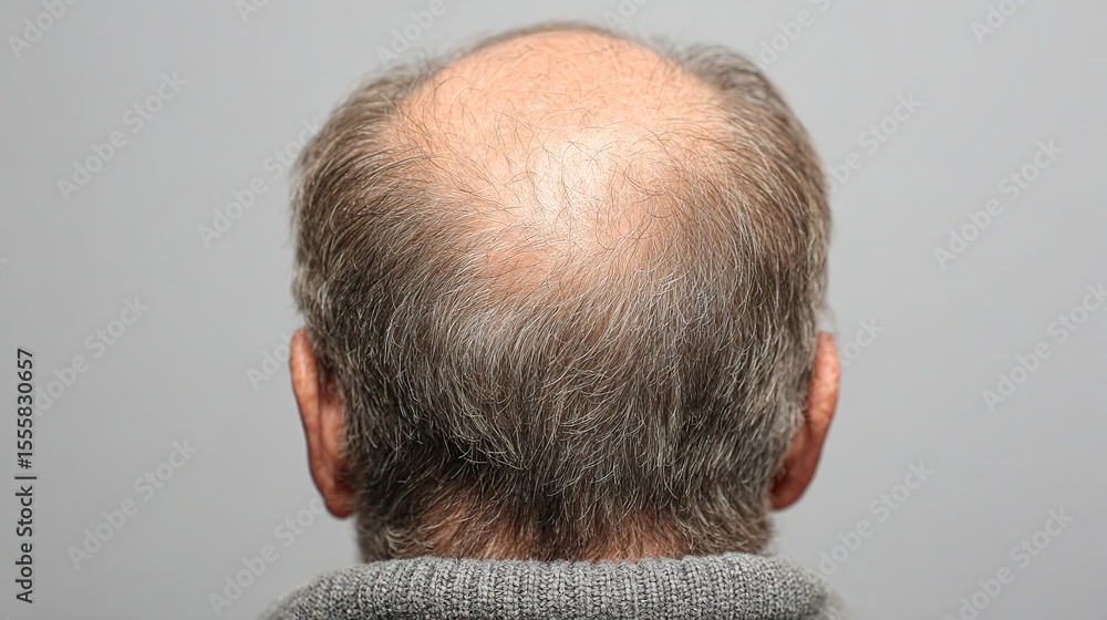 Obraz premium Rear view of an older man with visible balding crown and surrounding gray hair, symbolizing age-related hair loss and male pattern baldness awareness