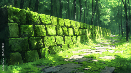 Walking pathway through lush green forest nature scene tranquil environment vibrant light serene viewpoint