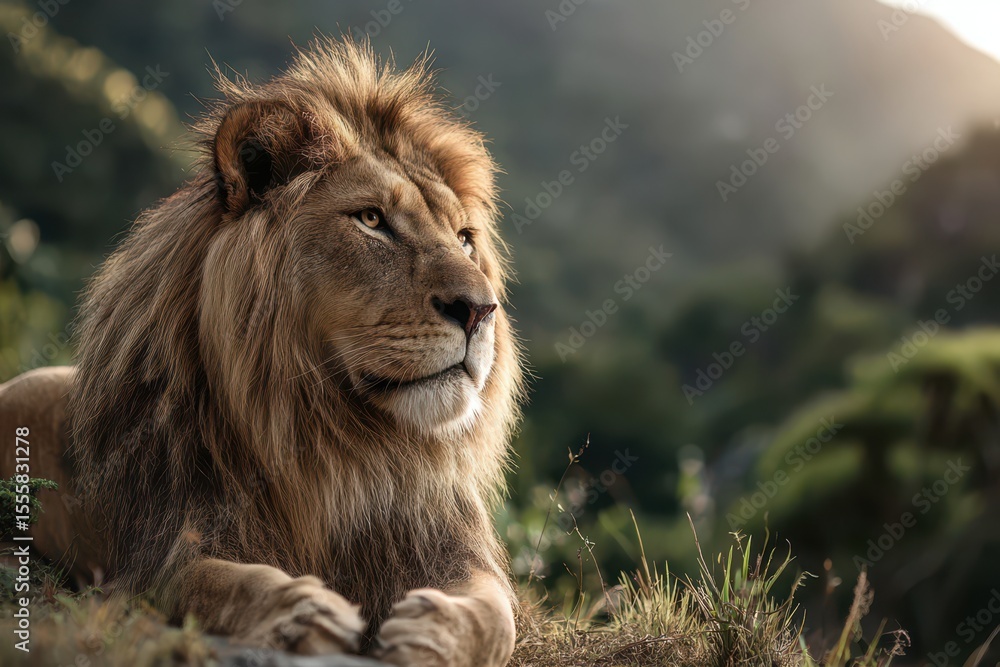 Fototapeta premium Majestic lion with a flowing mane banner