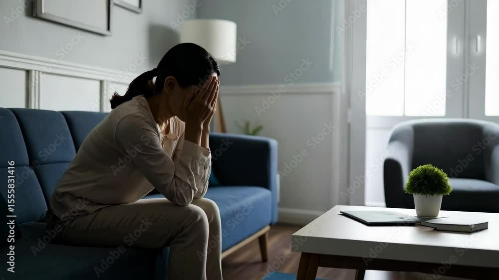 Upset woman sits on a couch with her face in her hands in a home interior space, displaying sadness and mental distress. Upset woman sits on a couch with her face in her hands in a home interior space, displaying sadness and mental distress.
