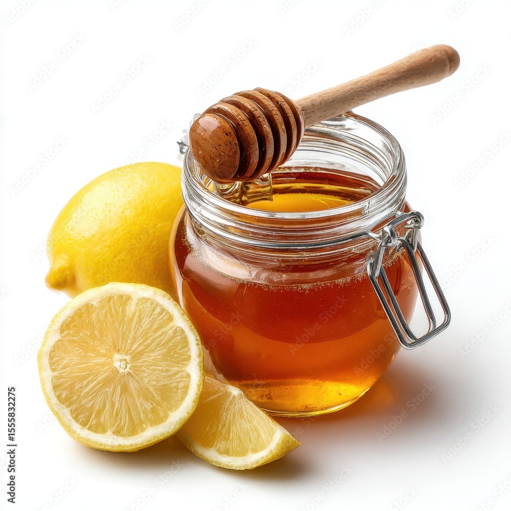 A honey jar with wooden dipper, next to lemon slices, isolated on white background. A honey jar with wooden dipper, next to lemon slices, isolated on white background.