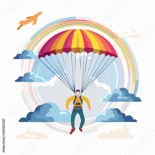 skydiver free-falling through clouds with parachute icon in background