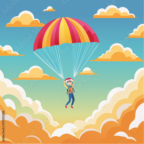 skydiver free-falling through clouds with parachute icon in background