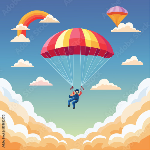 skydiver free-falling through clouds with parachute icon in background