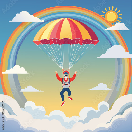 skydiver free-falling through clouds with parachute icon in background