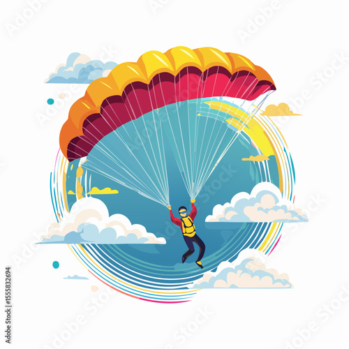 skydiver free-falling through clouds with parachute icon in background