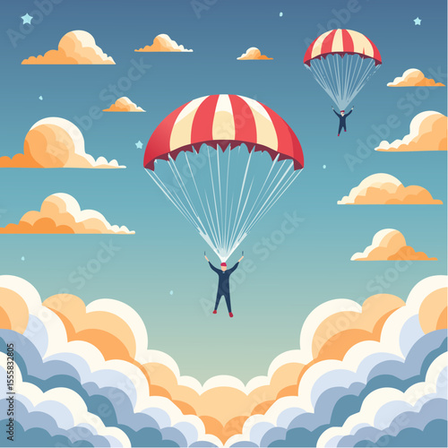 skydiver free-falling through clouds with parachute icon in background