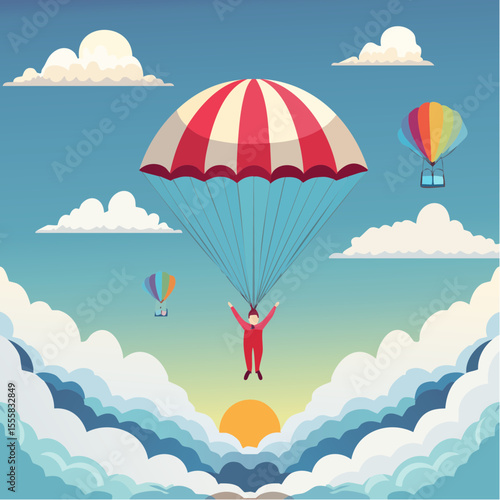 skydiver free-falling through clouds with parachute icon in background