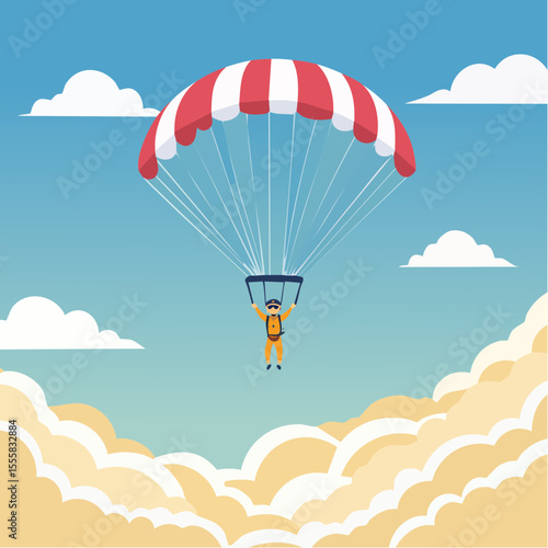 skydiver free-falling through clouds with parachute icon in background
