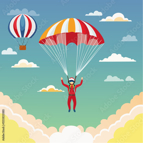 skydiver free-falling through clouds with parachute icon in background