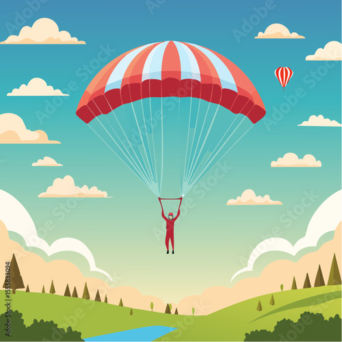 skydiver free-falling through clouds with parachute icon in background