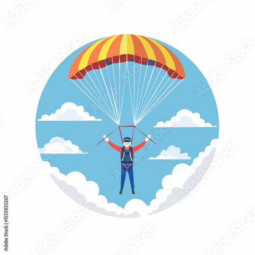 skydiver free-falling through clouds with parachute icon in background