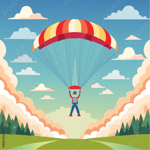 skydiver free-falling through clouds with parachute icon in background