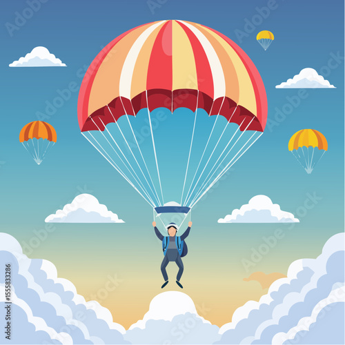 skydiver free-falling through clouds with parachute icon in background