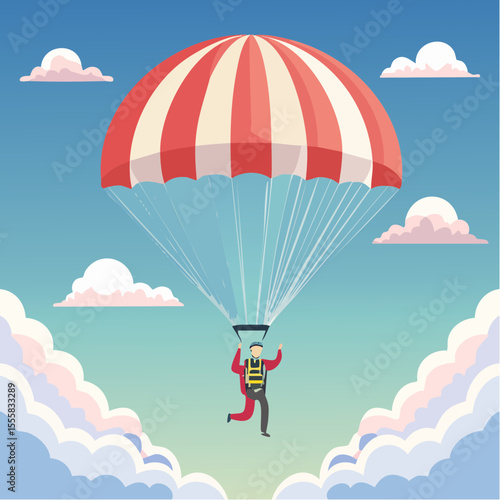 skydiver free-falling through clouds with parachute icon in background