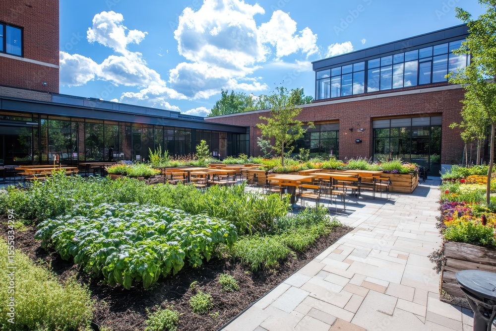 Fototapeta premium Bright courtyard with a garden and tables, surrounded by a modern building. Perfect image for showing community, sustainability, and modern architecture.