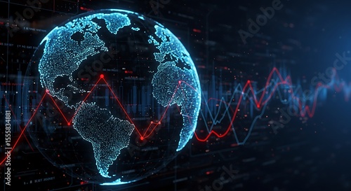 Global Market Downturn: Digital Earth with Declining Red Graph Overlay