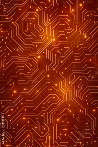 Glowing Circuit Board Pattern, Futuristic Orange Technology Background.