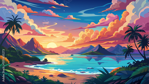 Stunning colorful sunset sky filled with vibrant clouds over the horizon of the South Pacific Ocean. A serene lagoon landscape in Moorea with calm turquoise waters, lush greenery, and tropical vibes