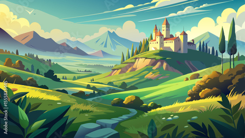 A beautiful landscape featuring rolling hills and lush greenery with a majestic castle visible in the distance. The scene captures serene natural beauty, with soft sunlight highlighting the castle’s