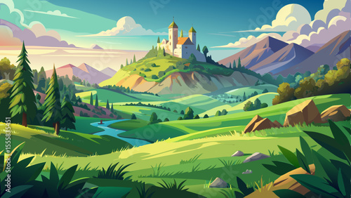 A beautiful landscape featuring rolling hills and lush greenery with a majestic castle visible in the distance. The scene captures serene natural beauty, with soft sunlight highlighting the castle’s