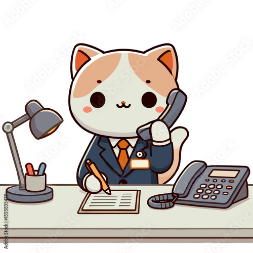Cartoon Cat in Suit Answering Phone at Office Desk Illustration