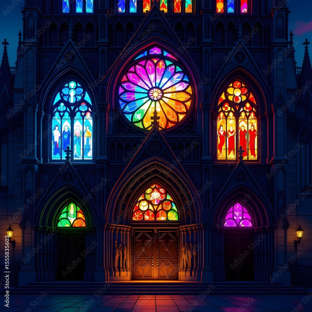 a gothic cathedral facade with arched doorways and stained glass windows, each window displaying a different color gradient a gothic cathedral facade with arched doorways and stained glass windows, each window displaying a different color gradient
