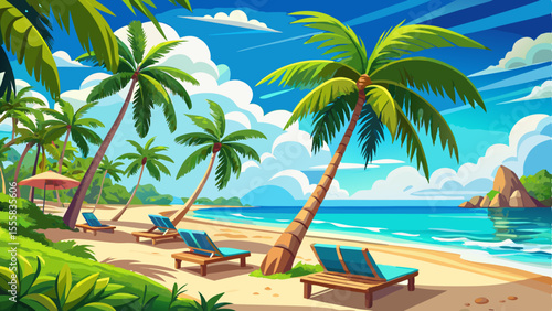 Beautiful tropical beach with tall palm trees swaying in the breeze and comfortable sun beds lined up on the soft white sand. Clear turquoise ocean water gently meets the shore under a bright sunny