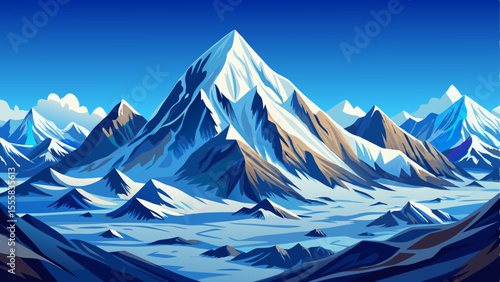 Panoramic view of a majestic snow-covered mountain range stretching across the horizon. Crisp white peaks contrast beautifully with a clear blue sky, showcasing the vastness and tranquility
