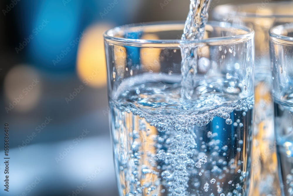 Clear water is pouring into a glass, bubbles rising through the liquid. Ideal for illustrating hydration, health, refreshment, or pure drinking water. Clear water is pouring into a glass, bubbles rising through the liquid. Ideal for illustrating hydration, health, refreshment, or pure drinking water.