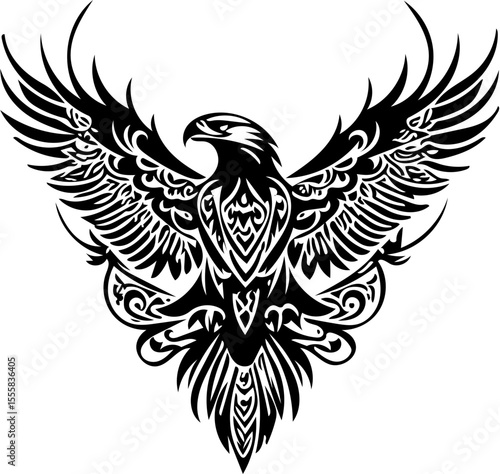 eagle with wings spread, fierce tribal lines, silhouette style for vinyl sticker, tattoo design