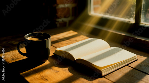 Warm morning sunlight streams across open book and coffee cup on wooden table