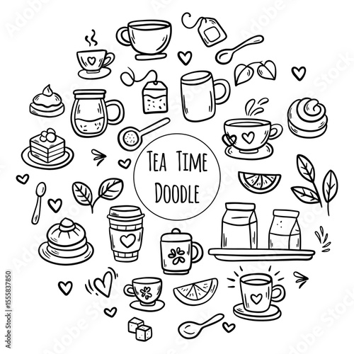 Herbal Tea Time Doodles. Minimalist Line Icons of Tea Rituals and Ingredients
