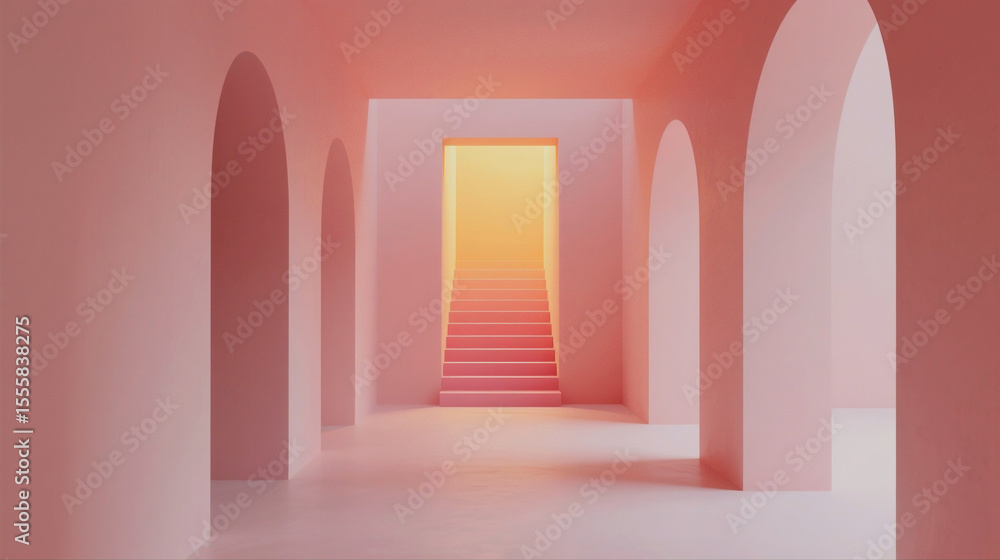 Fototapeta premium Minimalist pink architectural corridor with arched doorways leading to a brightly lit staircase