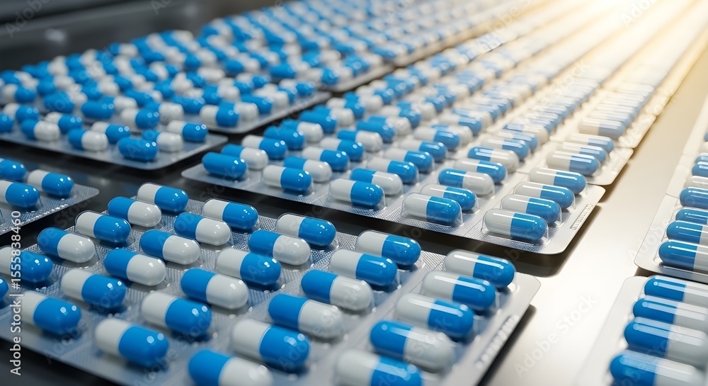 Fototapeta premium Pharmaceutical Manufacturing Blue Pills Tablets Production Line Quality Control Factory Process