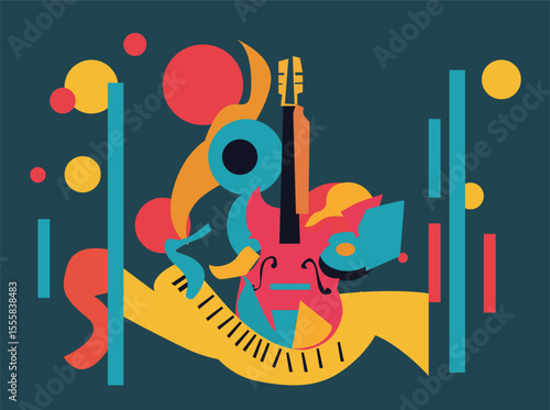Seamless abstract pattern featuring colorful musical instruments and shapes in a modern flat design style. Includes guitars, trumpets, saxophones, drums, musical notes, and geometric elements in 007