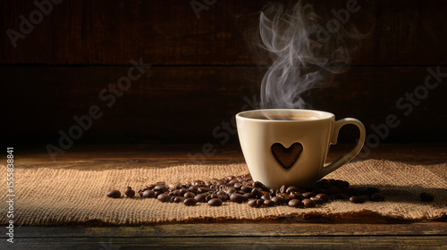 Coffee cup with heart-shaped steam on a wooden table, scattered beans on burlap. Warmth and comfort in a simple moment.