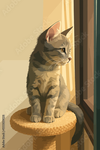 A gray tabby kitten sits calmly on a cat perch, gazing thoughtfully out the window. The warm sunlight streaming in casts soft shadows across the cat’s fur and the interior walls, creating a peaceful a