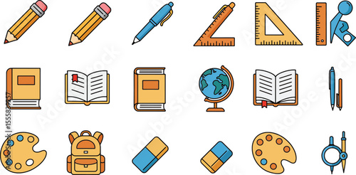 A collection of various school supplies and educational tools illustrated in a vector style.