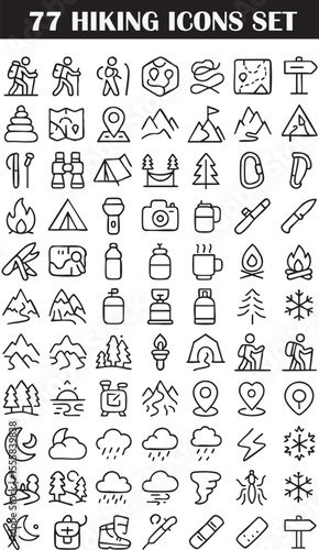 77 Hiking Icons Set – Minimal Line Outdoor Adventure Symbols for Nature, Camping & Travel Designs