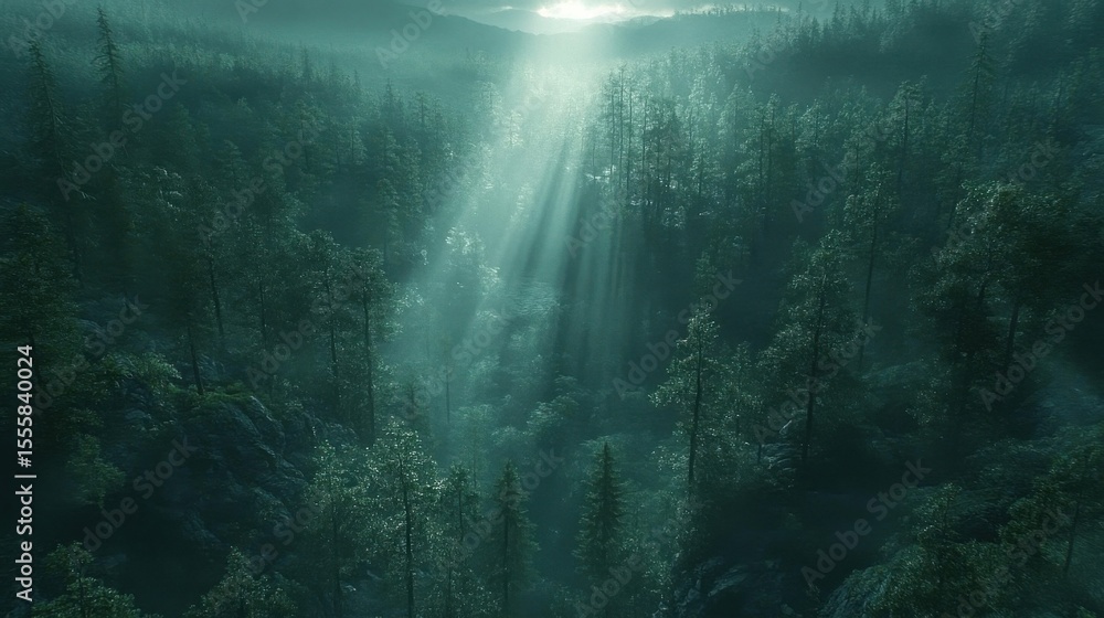 Fototapeta premium Sunlight Filtering Through Misty Green Forest Scenery Landscape Background