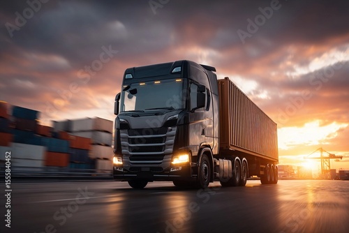 Heavy duty truck transporting cargo at sunset in industrial port area
