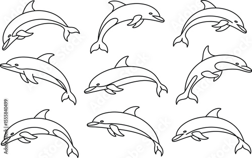 Seamless pattern with dolphin outlines on white background marine animal design