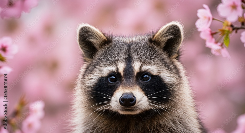 Portrait of a raccoon with striking facial markings amidst blooming cherry blossoms Portrait of a raccoon with striking facial markings amidst blooming cherry blossoms