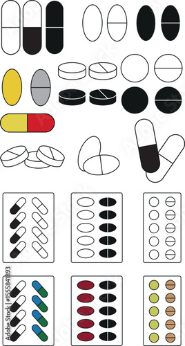 Pills, round tablets, capsules, pharmacy, vitamins, line icon, silhouette icon, flat icon.