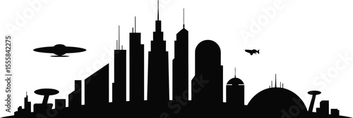 Futuristic cityscape silhouette with flying saucer and spaceship in black and white