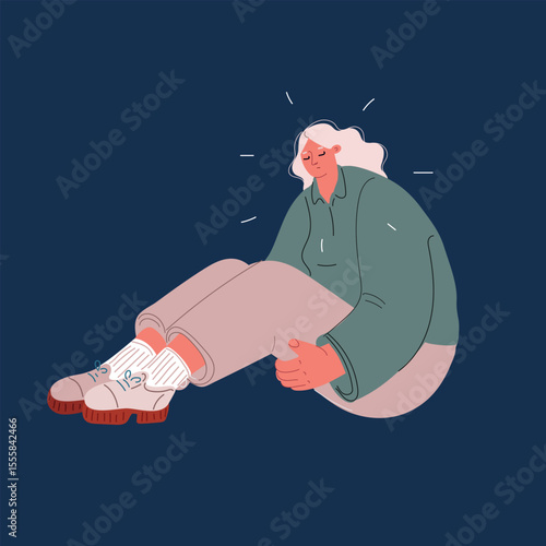 Cartoon vector illustration of a sad woman sitting with knees drawn up, symbolizing emotional exhaustion and vulnerability against dark background
