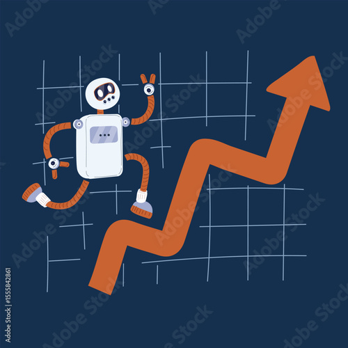 Cartoon vector illustration of a cheerful robot celebrating success, symbolizing AI enthusiasm, digital achievement, and future optimism against dark background